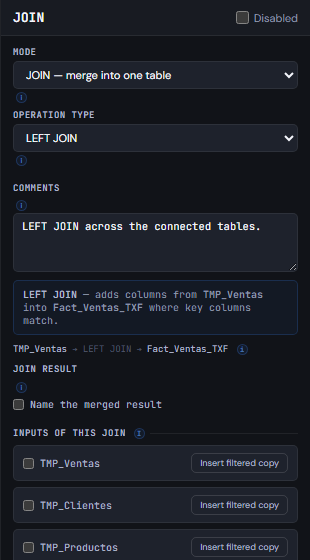 Panel de Propiedades de JOIN