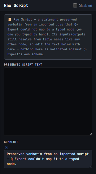 Panel de Propiedades de Raw Script